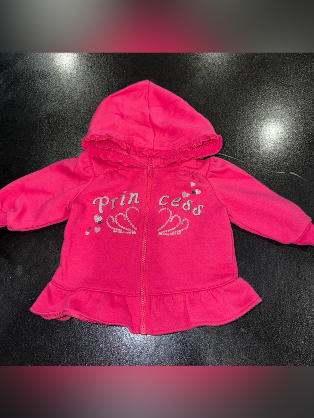 okie dokie Hot Pink Ruffle Zip Hoodie with Rhinestone Detail